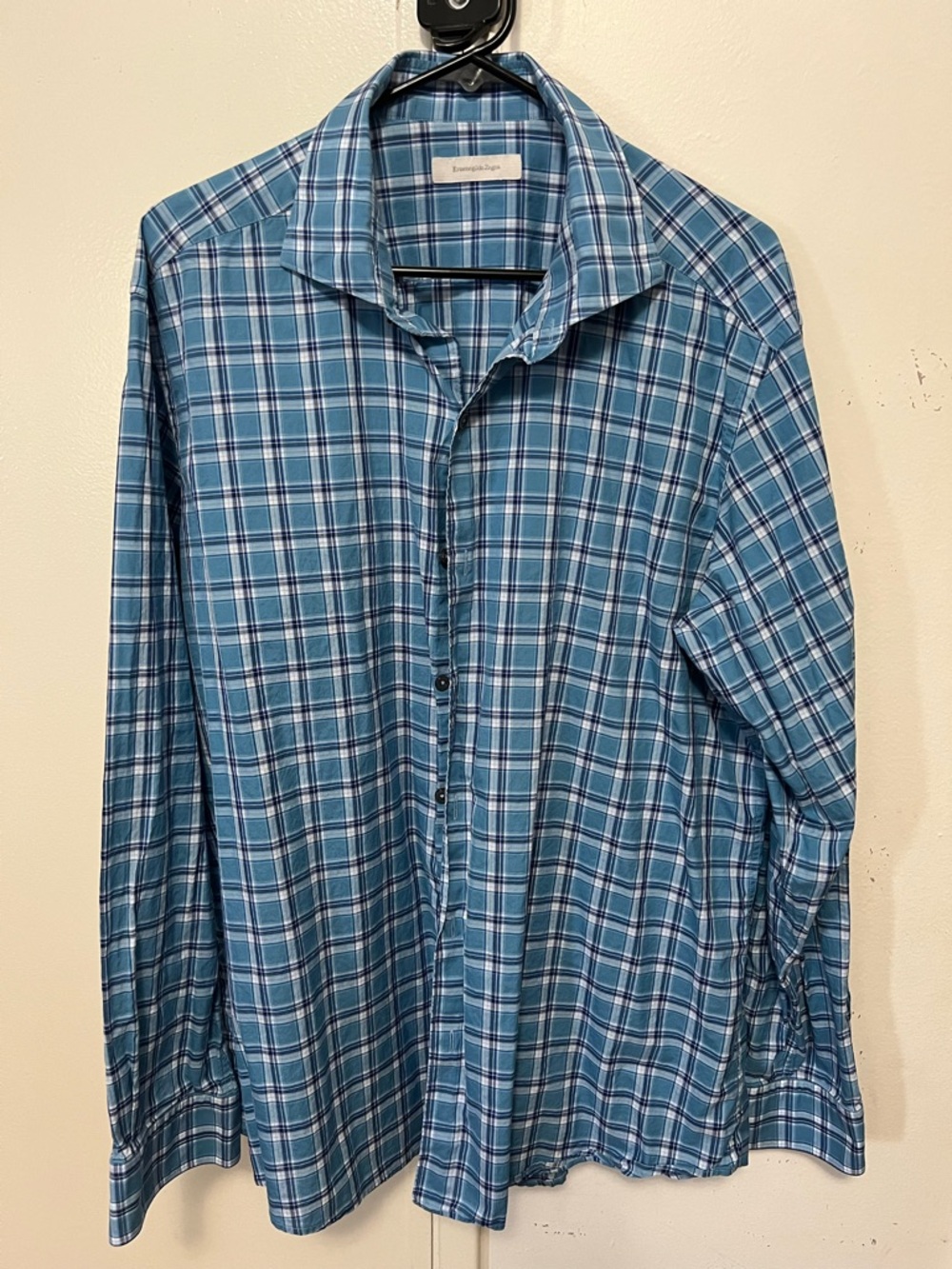 Ermenegildo Zegna Teal and Navy Plaid Button-Down Shirt